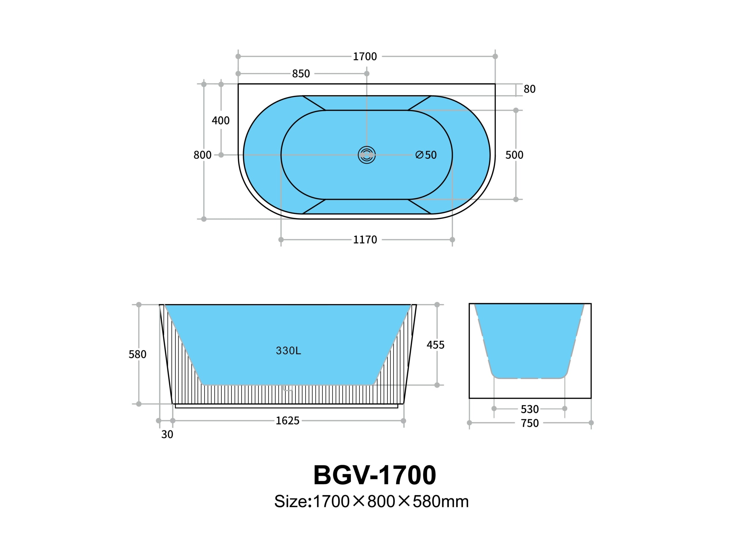 Poseidon Bari Back to Wall Bath Tub BGV1700