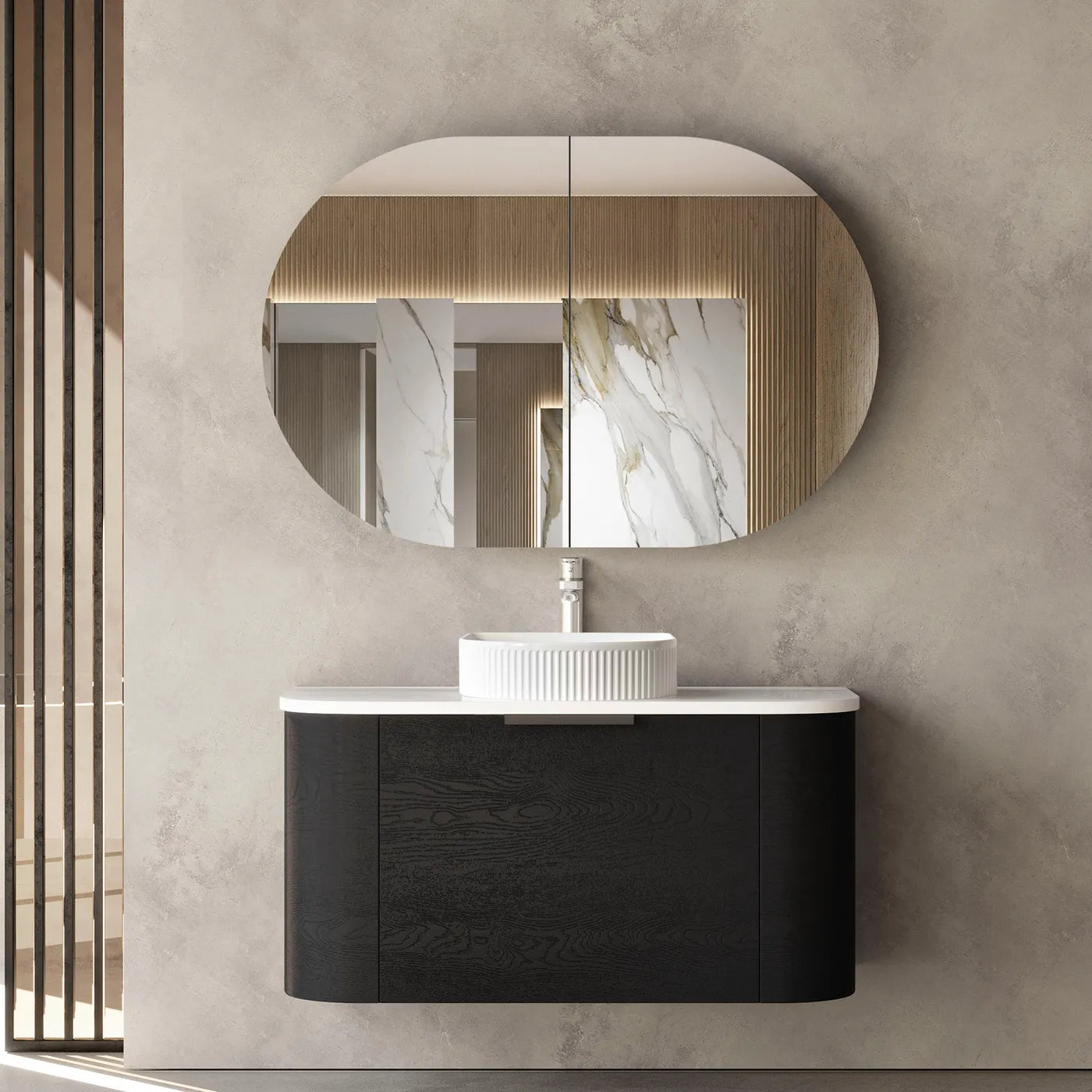 Otti Bondi 900mm Black Oak Wall Hung Curve Vanity