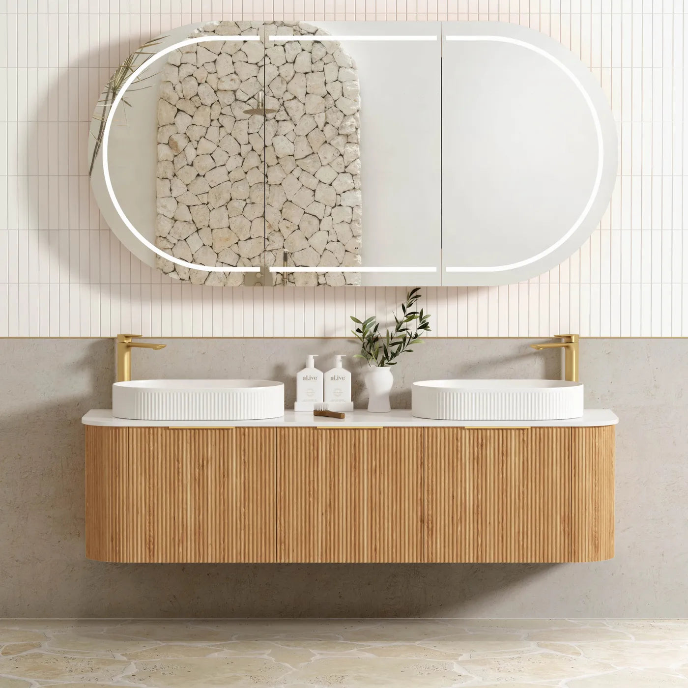 Otti Bondi 1800mm Woodland Oak Fluted Curve Wall Hung Vanity