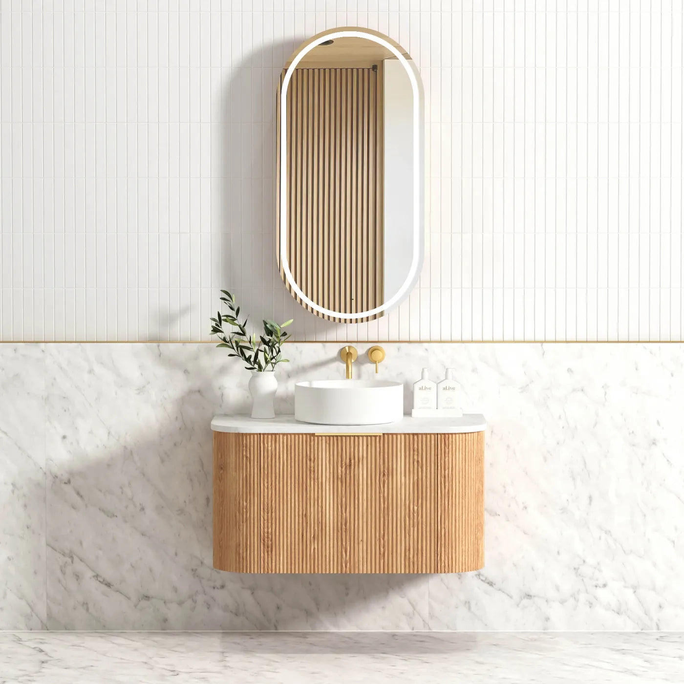 Otti Bondi 900mm Woodland Oak Fluted Curve Wall Hung Vanity