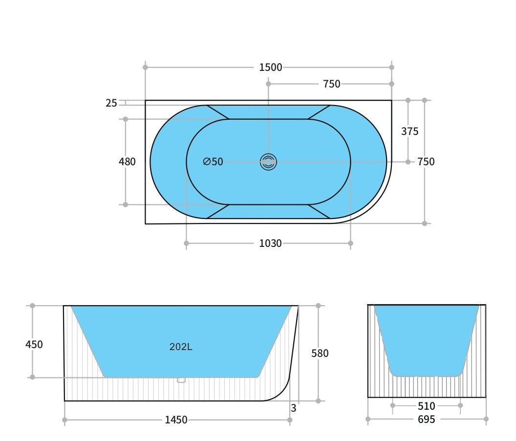 Poseidon Capri Left Hand Corner Back to Wall Bath Tub CBT1500L