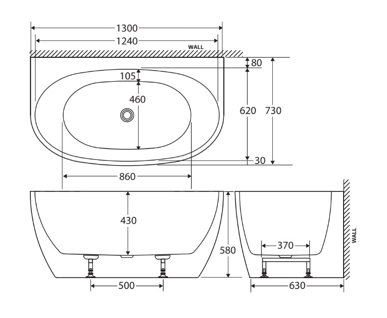 Fienza 1300mm Back to Wall Freestanding Bath Tub FR65-1300