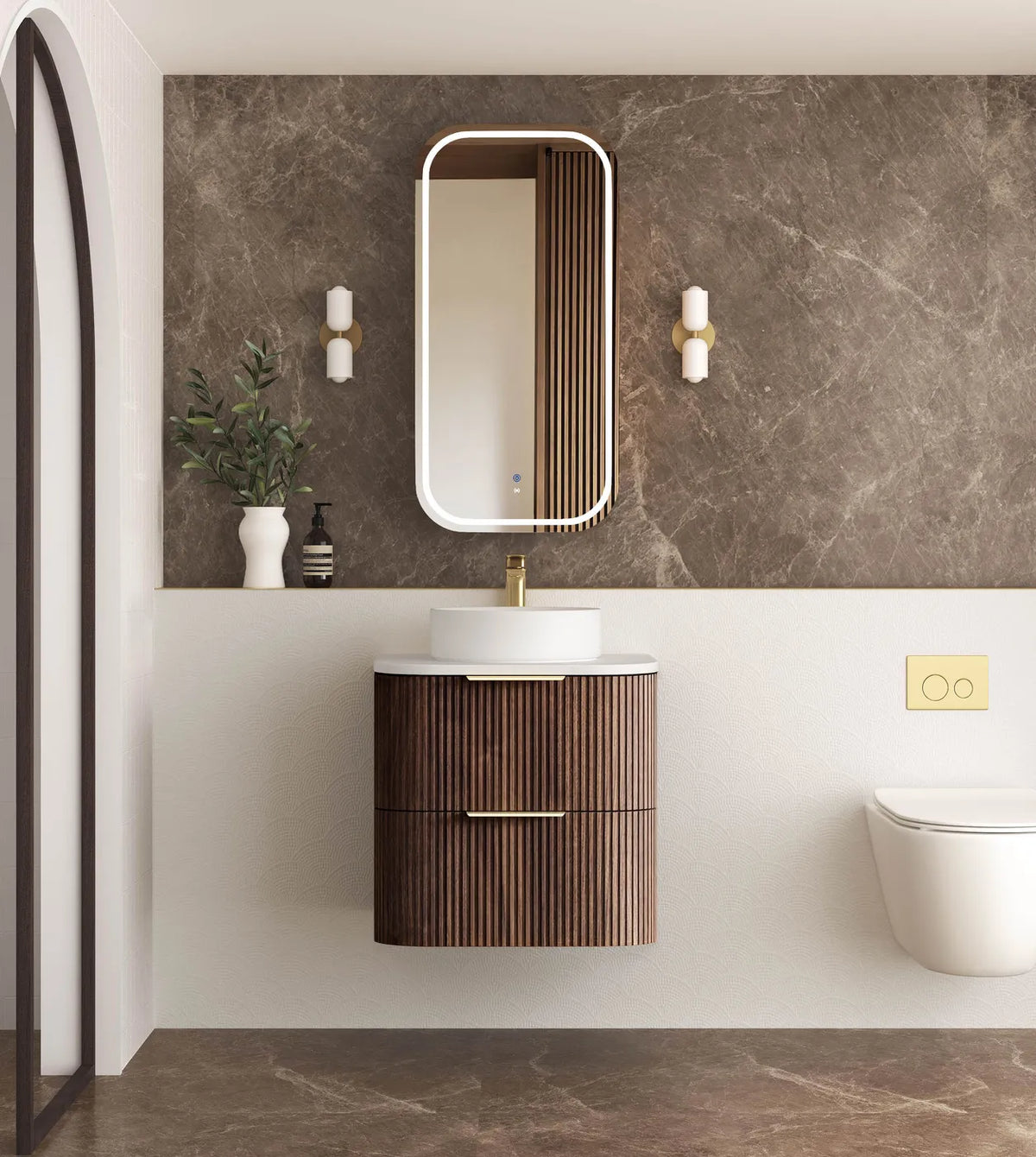Otti 600mm Havana Fluted Wall Hung Curve Vanity - Sable Walnut