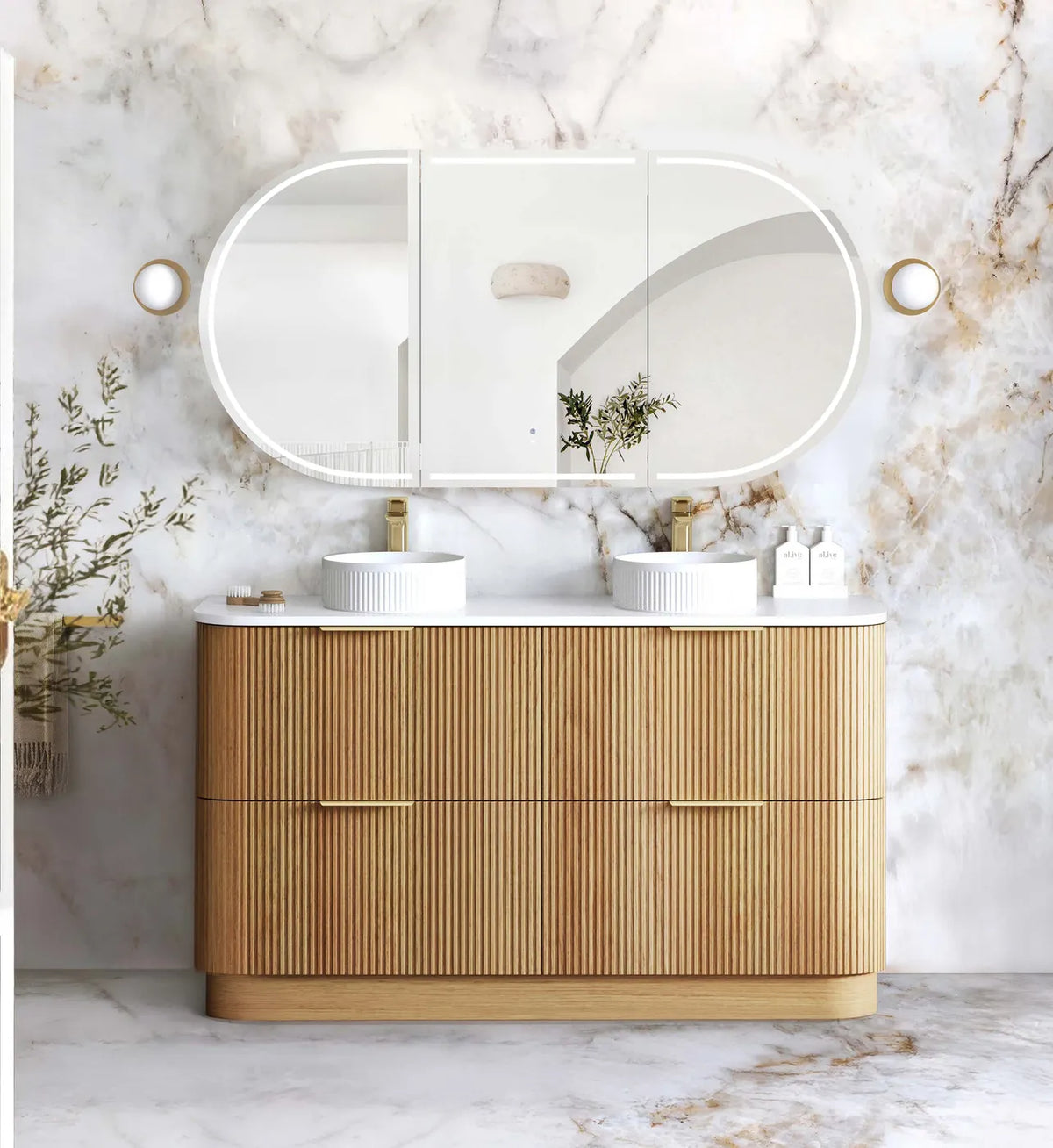 Otti 1500mm Havana Fluted Floorstanding Curve Vanity - Woodland Oak