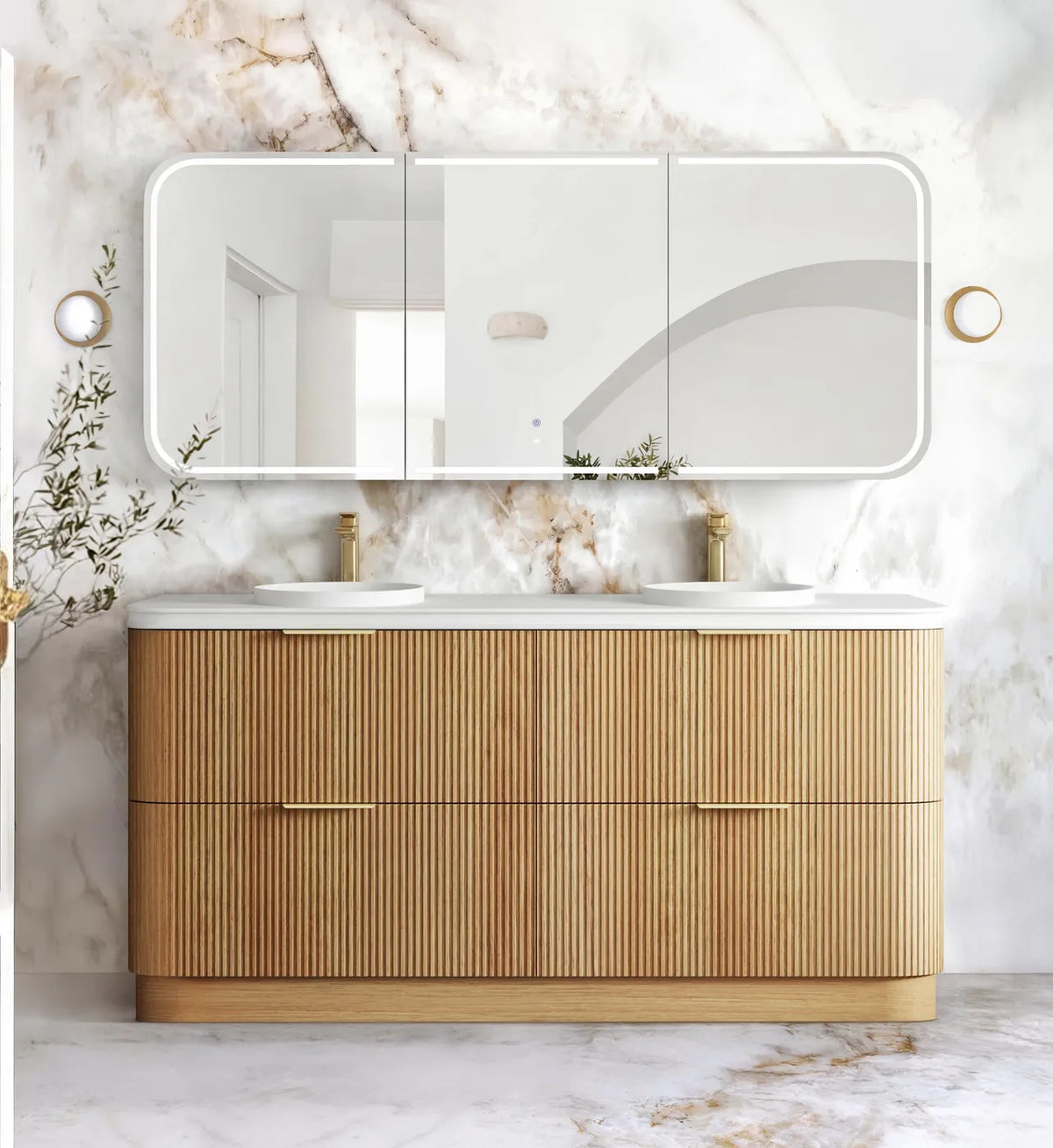 Otti 1800mm Havana Fluted Floorstanding Curve Vanity - Woodland Oak