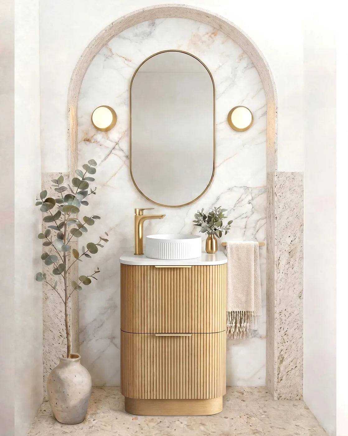 Otti 600mm Havana Fluted Floorstanding Curve Vanity - Woodland Oak