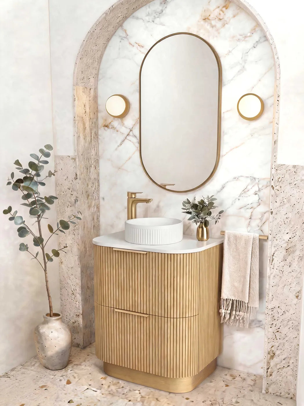 Otti 750mm Havana Fluted Floorstanding Curve Vanity - Woodland Oak