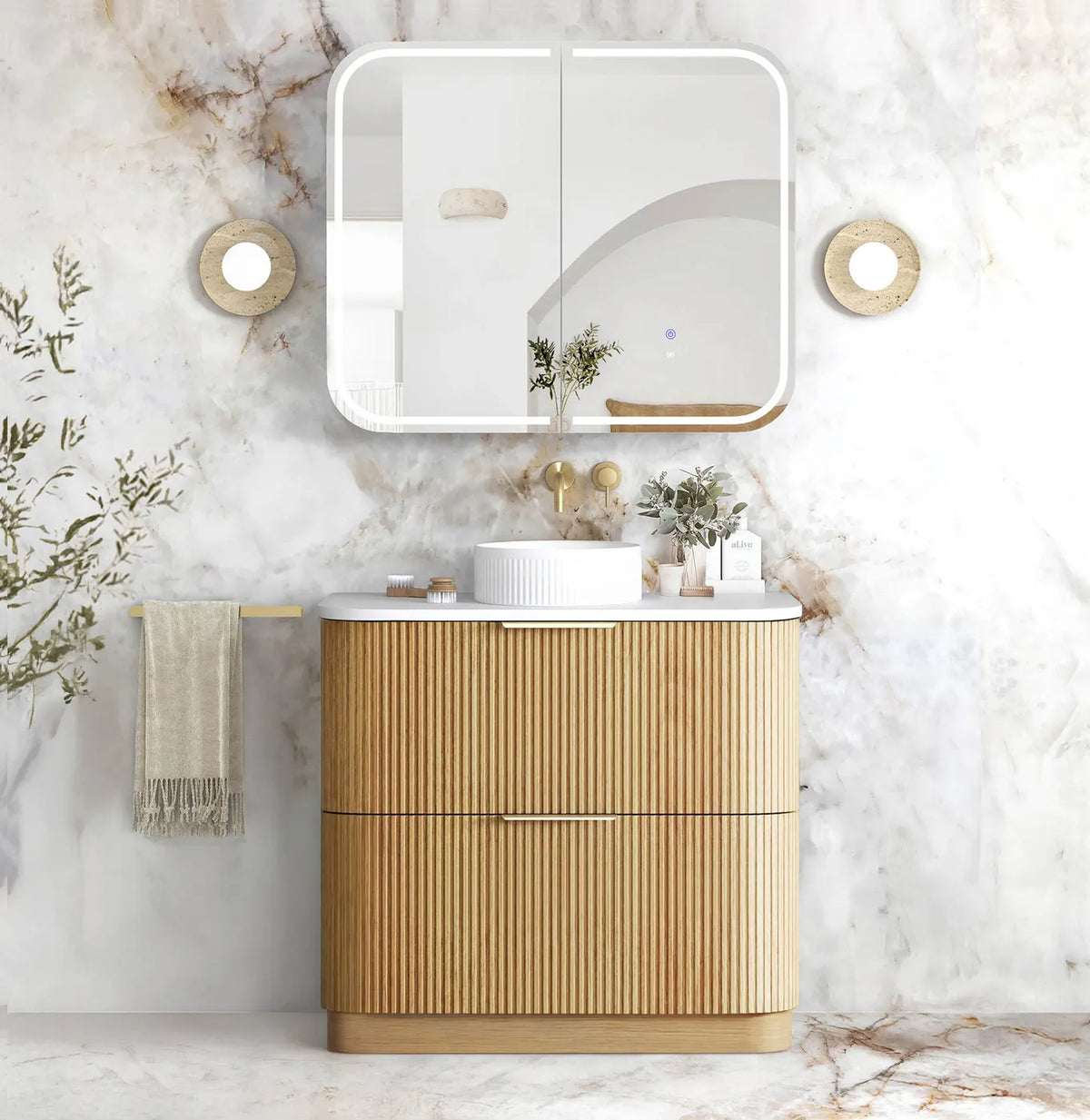 Otti 900mm Havana Fluted Floorstanding Curve Vanity - Woodland Oak