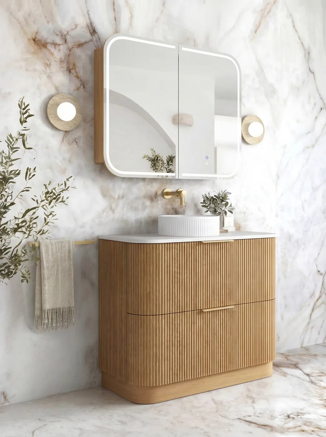 Otti 900mm Havana Fluted Floorstanding Curve Vanity - Woodland Oak