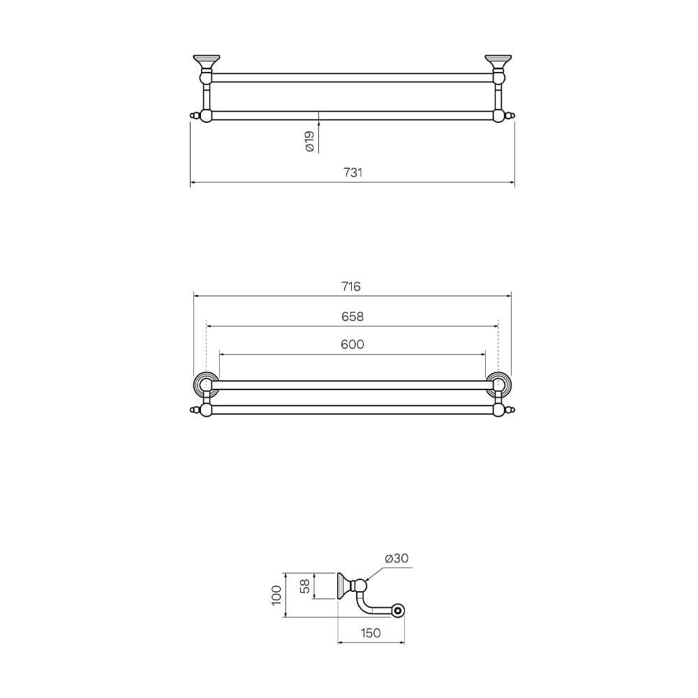 Parisi Hermitage Double Towel Rail 600mm  HE.TRD60.40