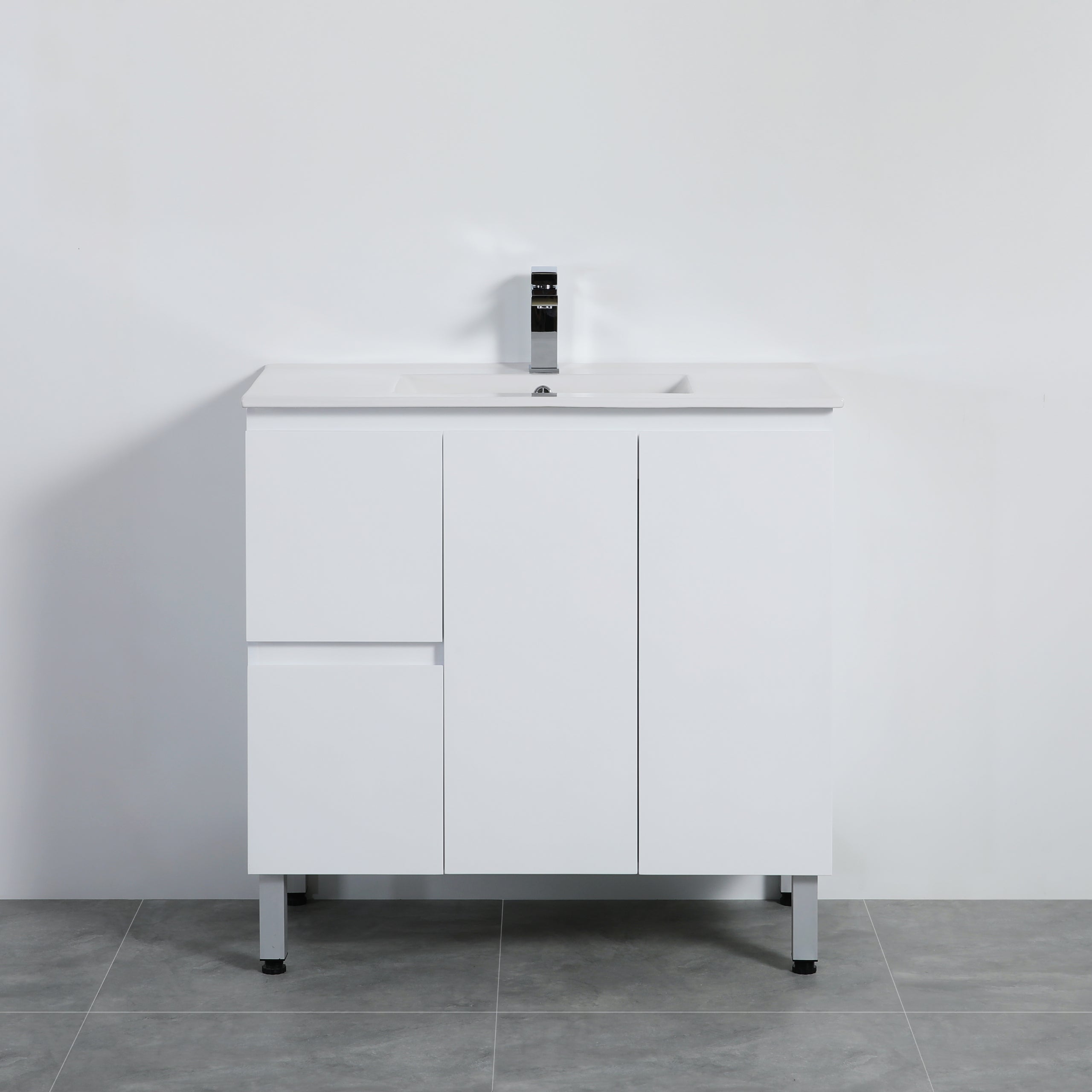 Lukka Alpha PVC 900 x 460mm Floor Standing Vanity on Legs Left Hand Drawers - Ceramic Top