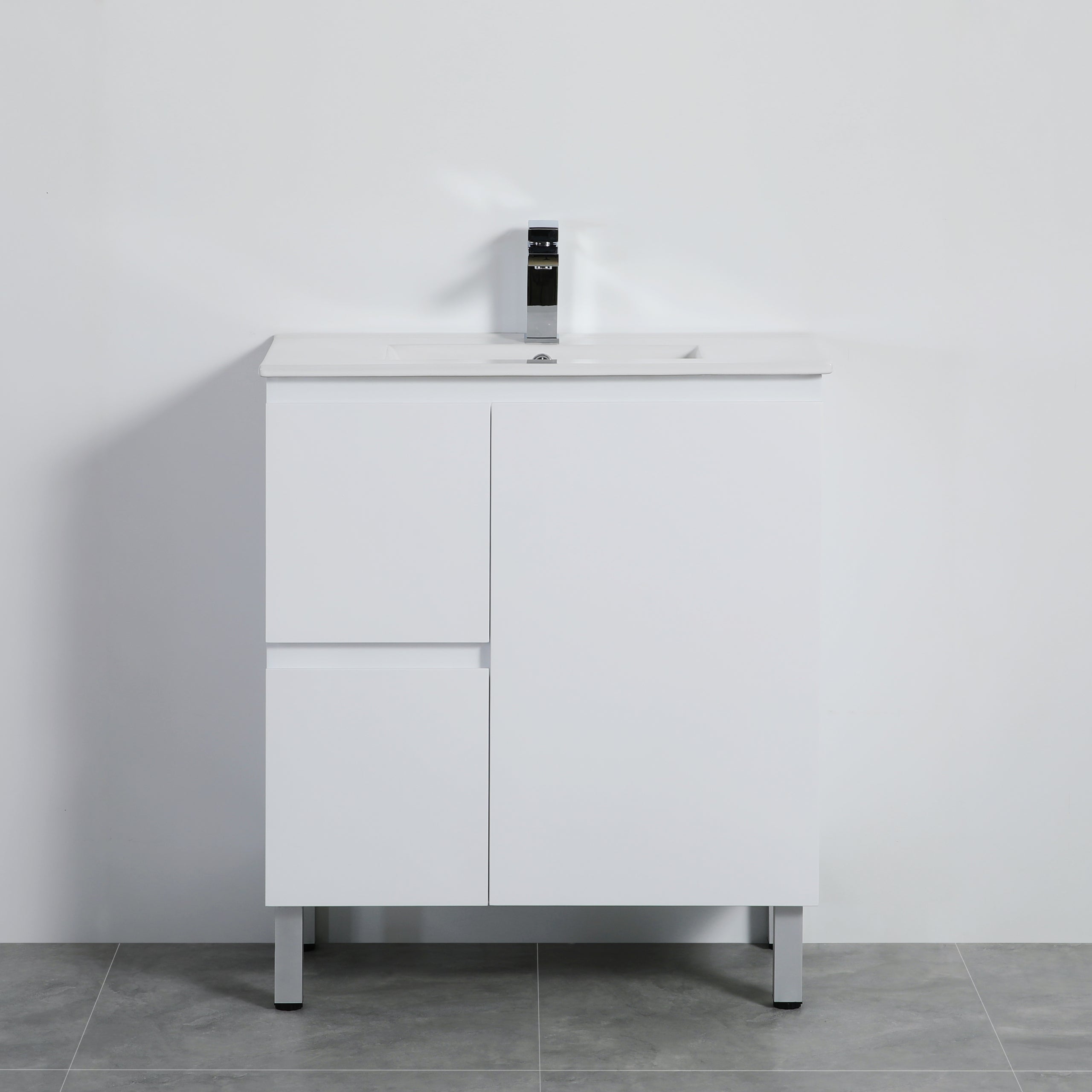 Lukka Alpha PVC 750 x 460mm Floor Standing Vanity on Legs Left Hand Drawers - Ceramic Top