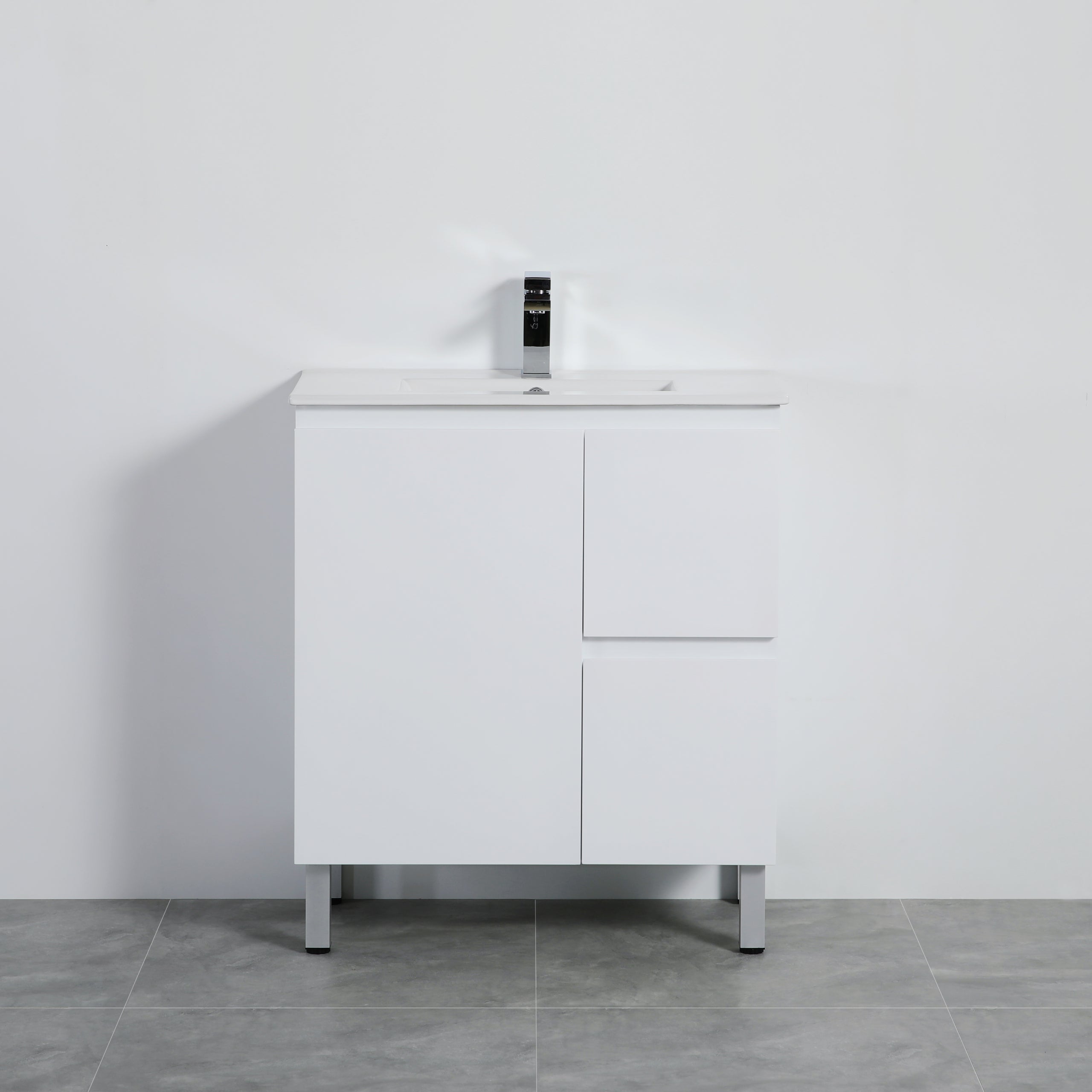 Lukka Alpha PVC 750 x 460mm Floor Standing Vanity on Legs Right Hand Drawers - Ceramic Top