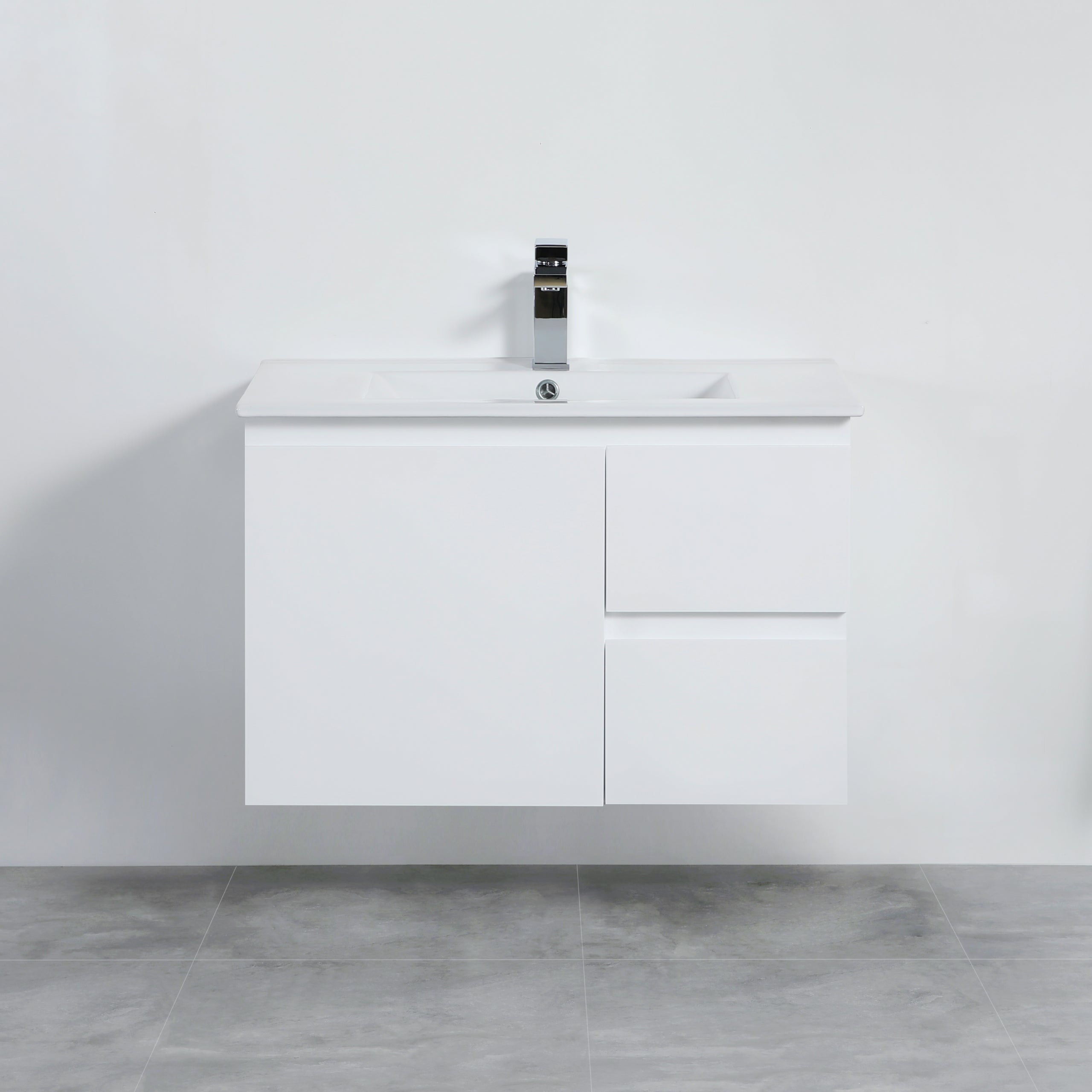 Lukka Alpha PVC 750 x 355mm Ensuite Wall Hung Vanity Right Hand Drawers - Ceramic Top