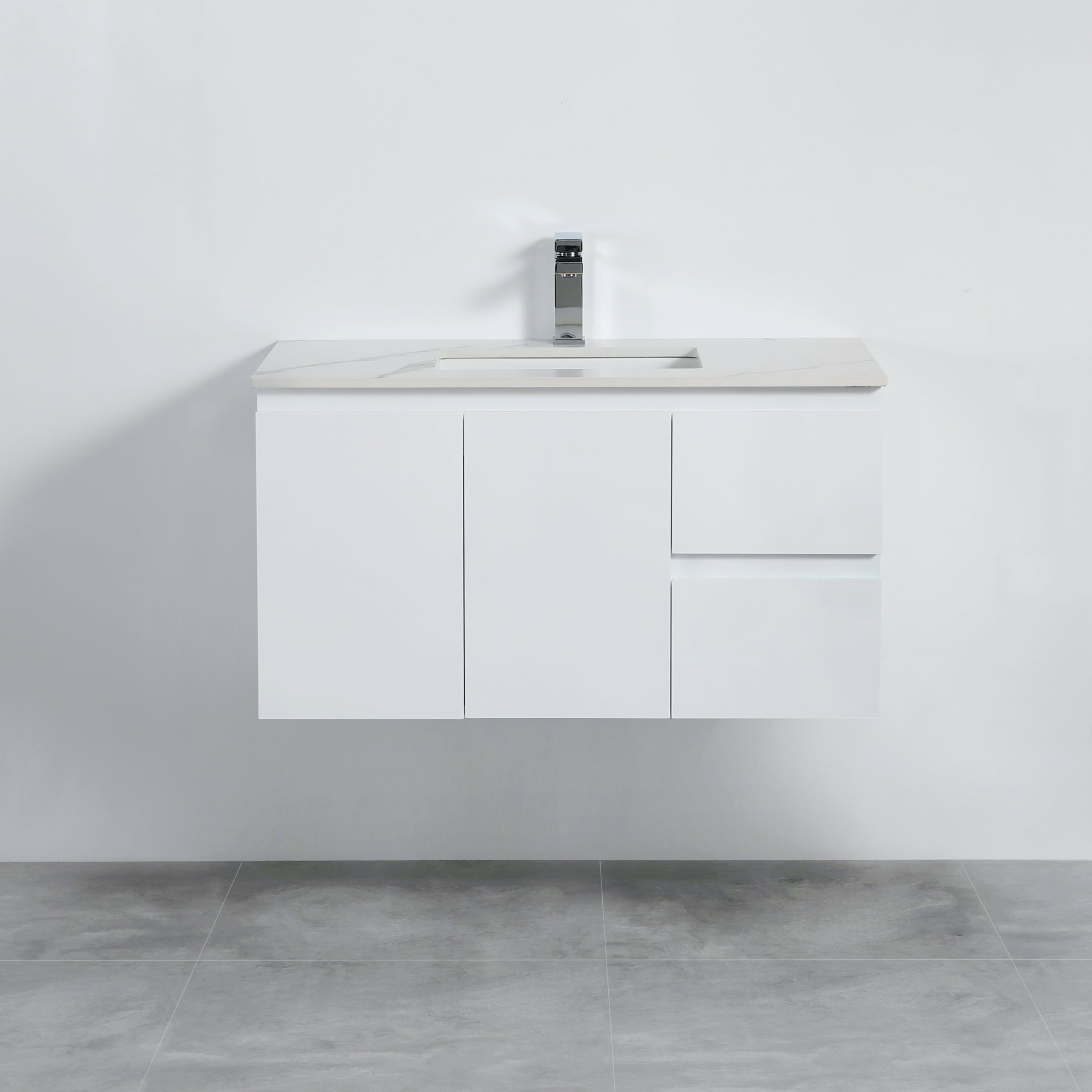 Lukka Alpha PVC 900 x 460mm Wall Hung Vanity Right Hand Drawers - Ceramic Top