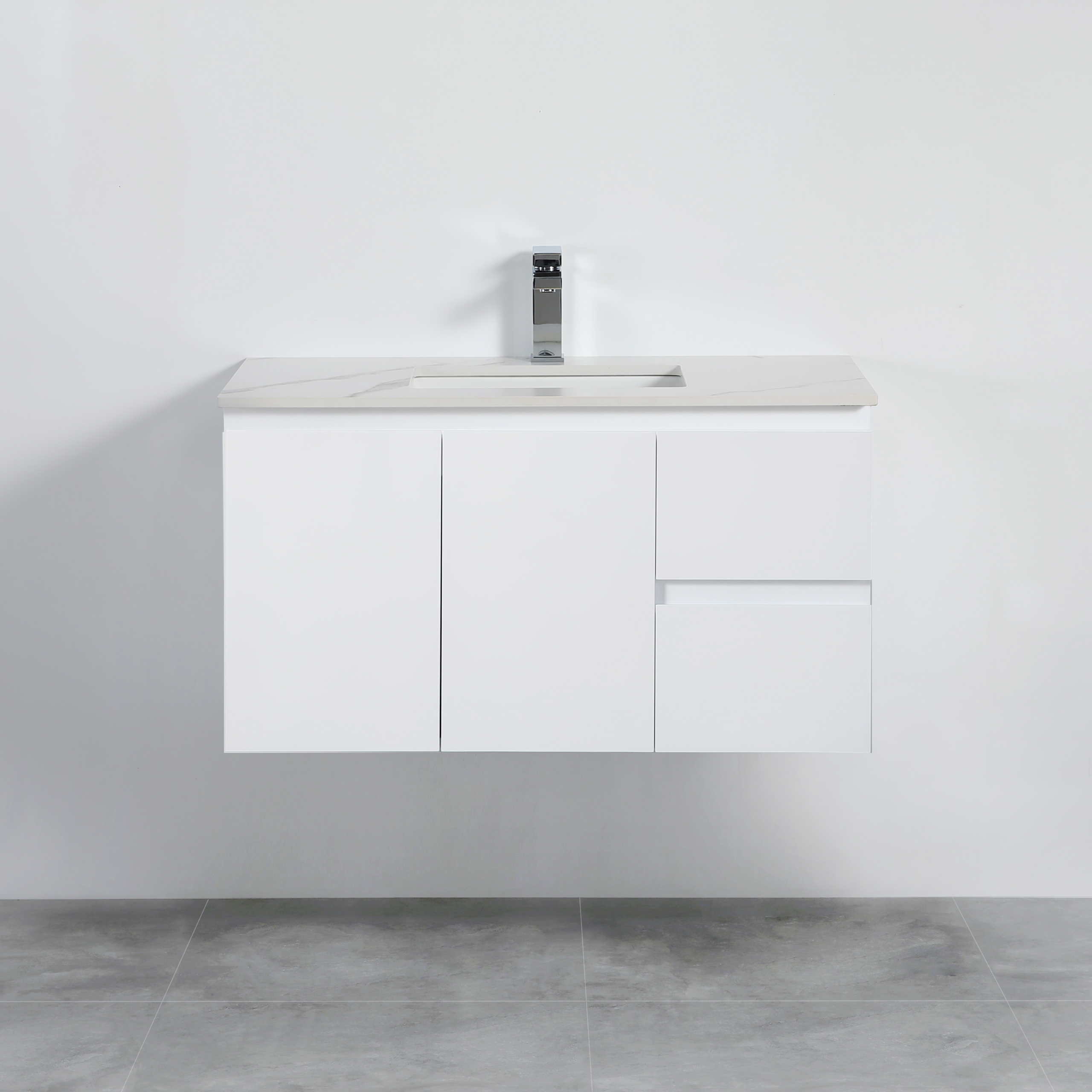 Lukka Alpha PVC 900 x 355mm Ensuite Wall Hung Vanity Right Hand Drawers - Ceramic Top