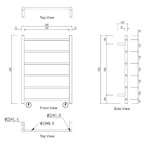 Modern National Mirage 6 Bar Heated Towel Rail - MIR6080-6BK