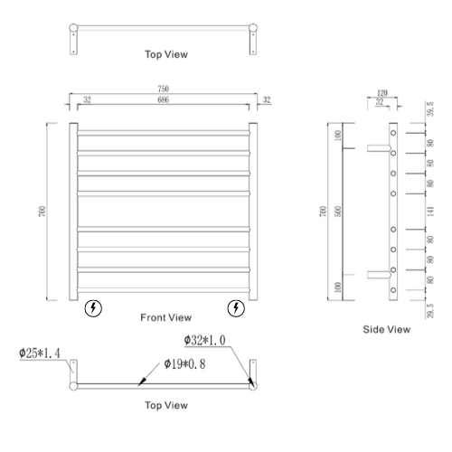 Modern National Mirage 8 Bar Heated Towel Rail MIR7570-8GM