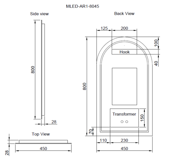 ABS Riva Frameless Arch LED Mirror - MLED-AR1-8045