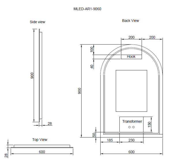 ABS Riva Frameless Arch LED Mirror - MLED-AR1-9060