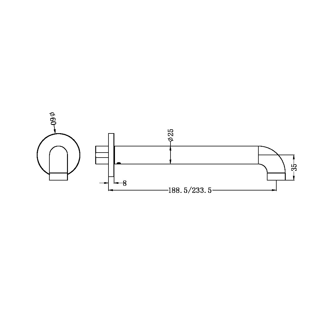 Nero Zen SS316L Round Basin/Bath Spout 185/230mm NR162203b