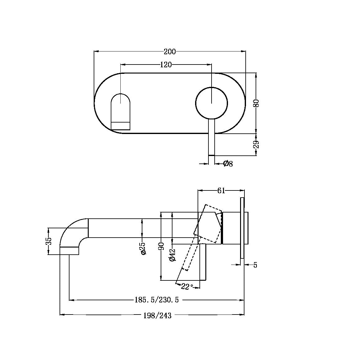 Nero Zen SS316L Wall Basin/Bath Mixer 185/230mm Spout Trim Kit NR162210at