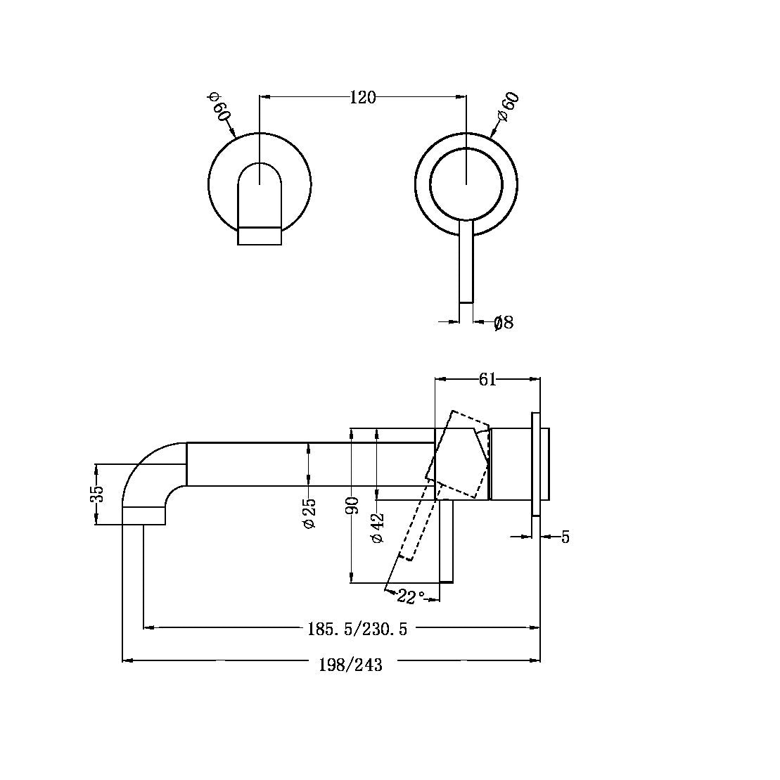 Nero Zen SS316L Wall Basin/Bath Mixer Separate Plate 185/230mm Spout Trim Kit NR162210bt