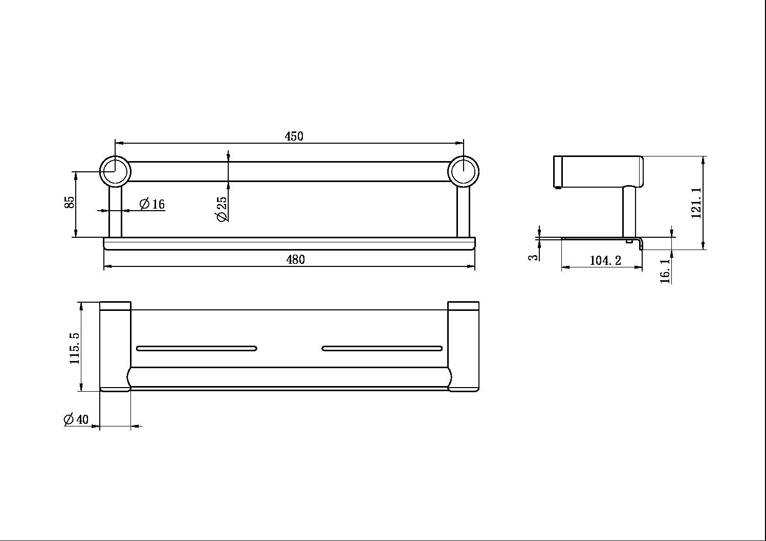 Nero Mecca Care 25mm Grab Rail with Shelf 450mm NRCR2518C