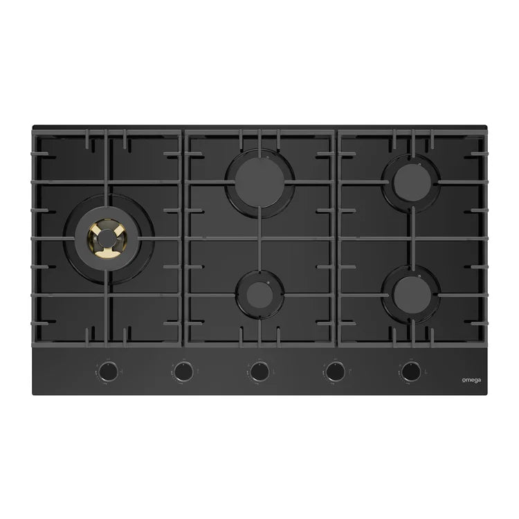Omega 90cm Gas Cooktop with Wok Burner Black OCG905WBCOM