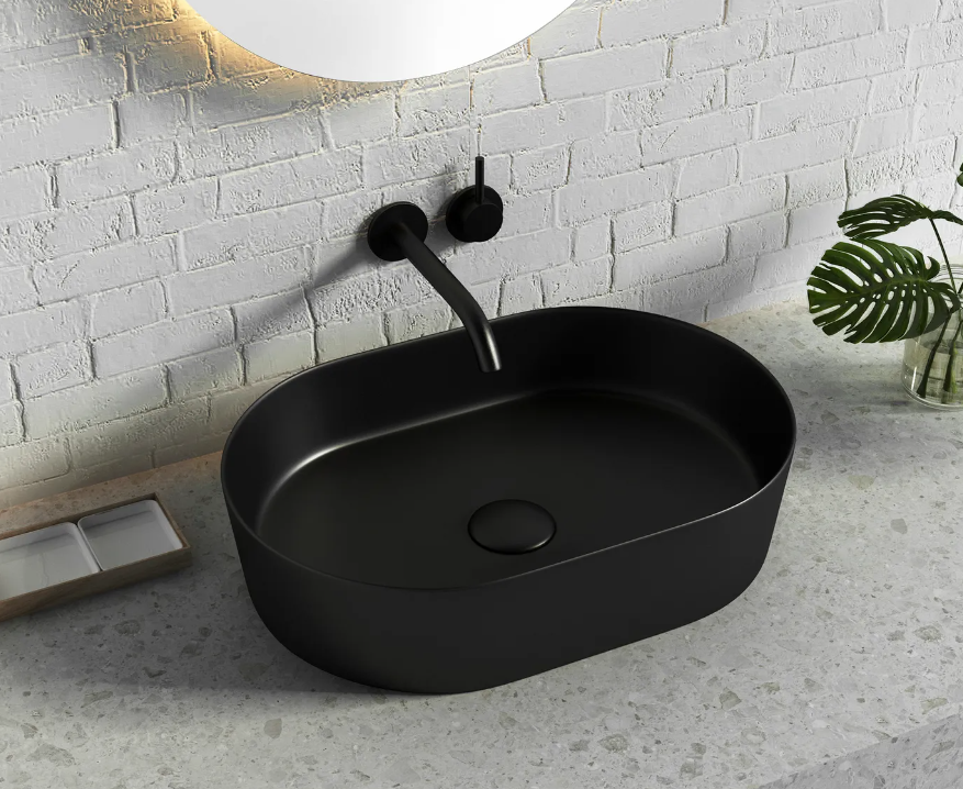 Otti Quay Oval Above Counter Ceramic Basin 500 x 340 x 120mm Matte Black OT5035MB