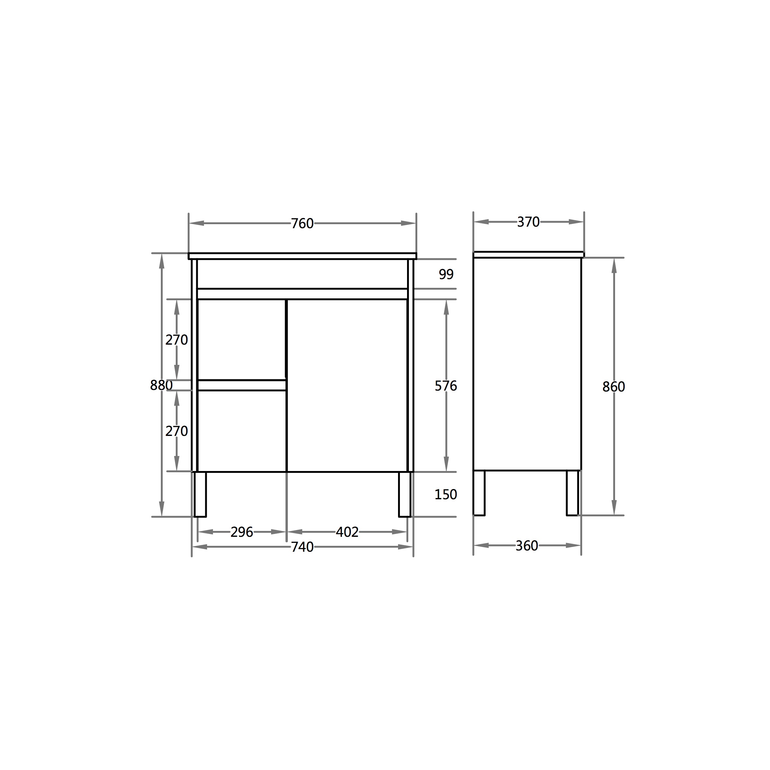 Polar 750mm PVC Slim Freestanding Vanity Left Hand Drawers