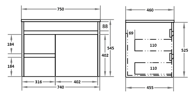 Polar 750mm PVC Wall Hung Vanity Left Hand Drawers