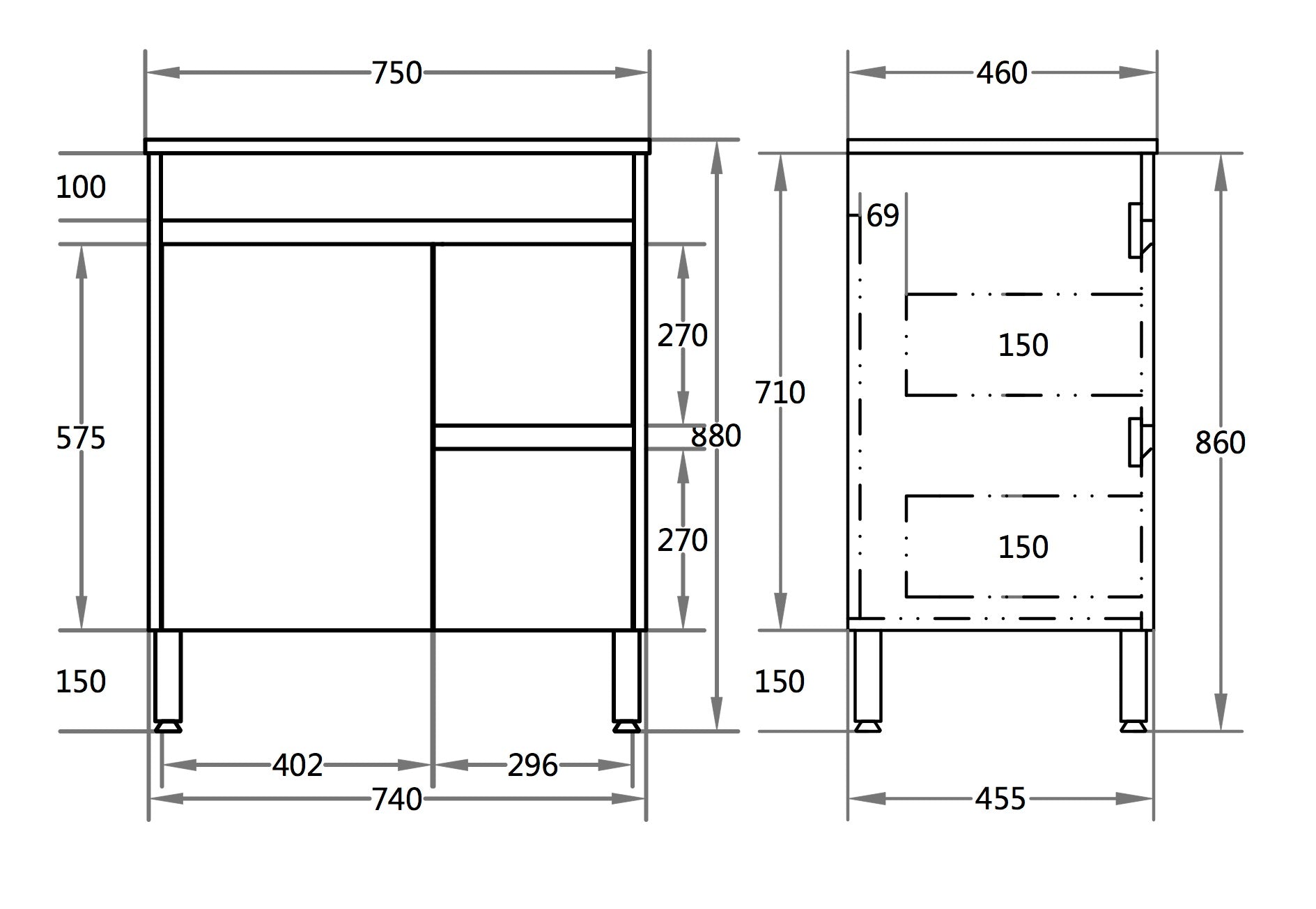 Polar 750mm PVC Freestanding Vanity Right Hand Drawers