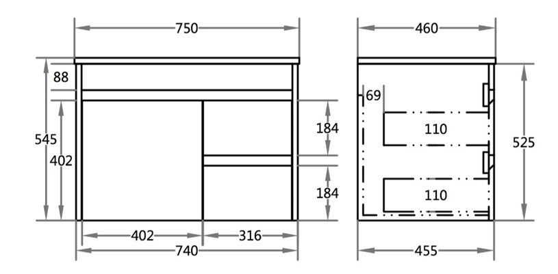 Polar 750mm PVC Wall Hung Vanity Right Hand Drawers