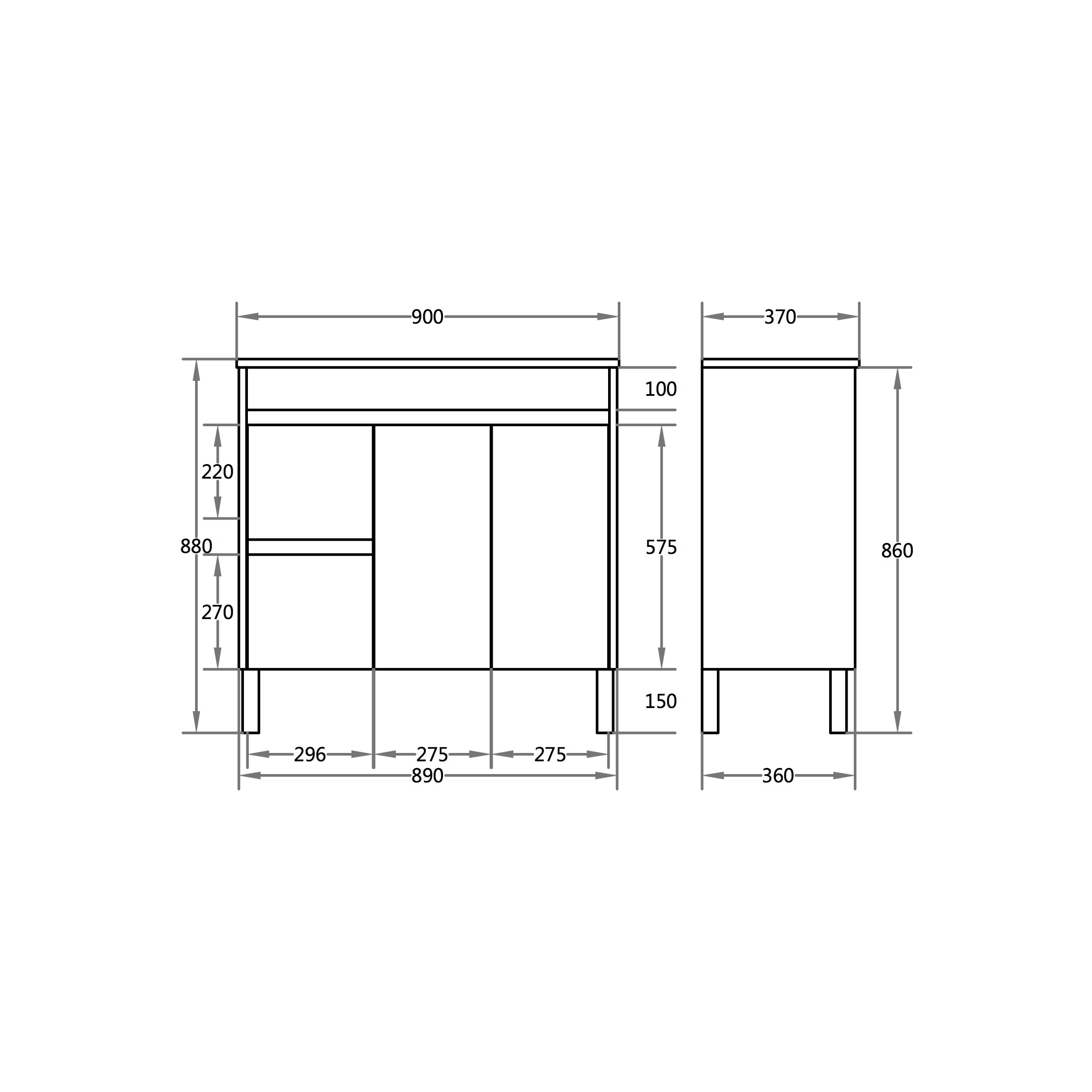 Polar 900mm PVC Slim Freestanding Vanity Left Hand Drawers