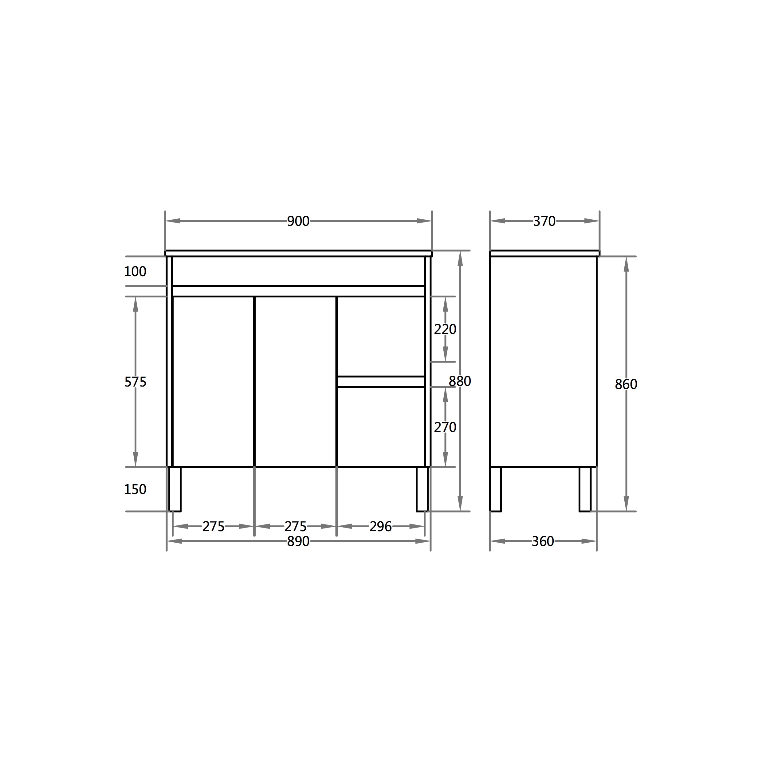 Polar 900mm PVC Slim Freestanding Vanity Right Hand Drawers