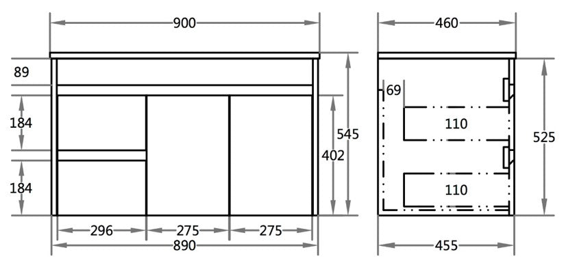 Polar 900mm PVC Wall Hung Vanity Left Hand Drawers