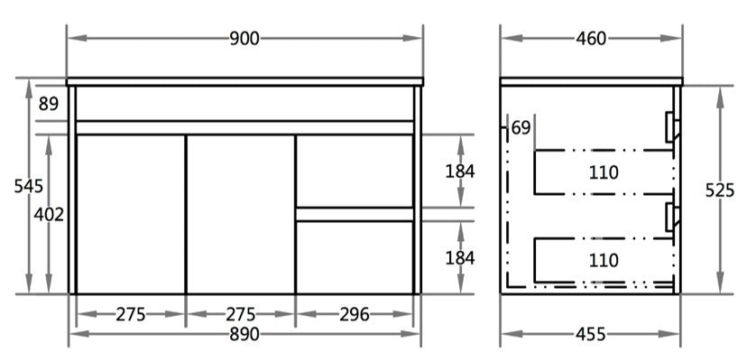 Polar 900mm PVC Wall Hung Vanity Right Hand Drawers