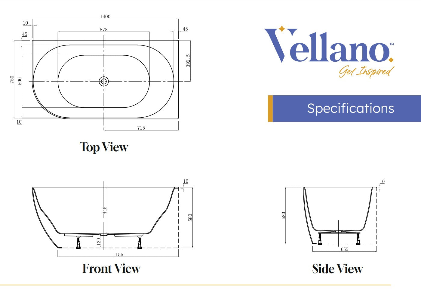 Vellano Polino 1400mm RH Corner Freestanding Bath POL1400CB-RH