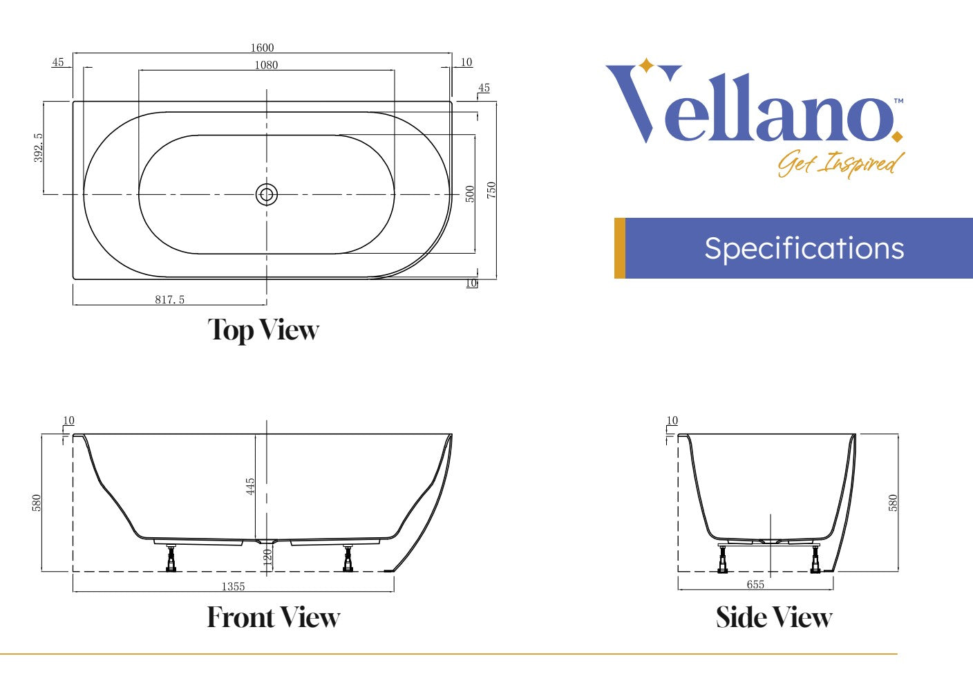 Vellano Polino 1600mm LH Corner Freestanding Bath POL1600CB-LH