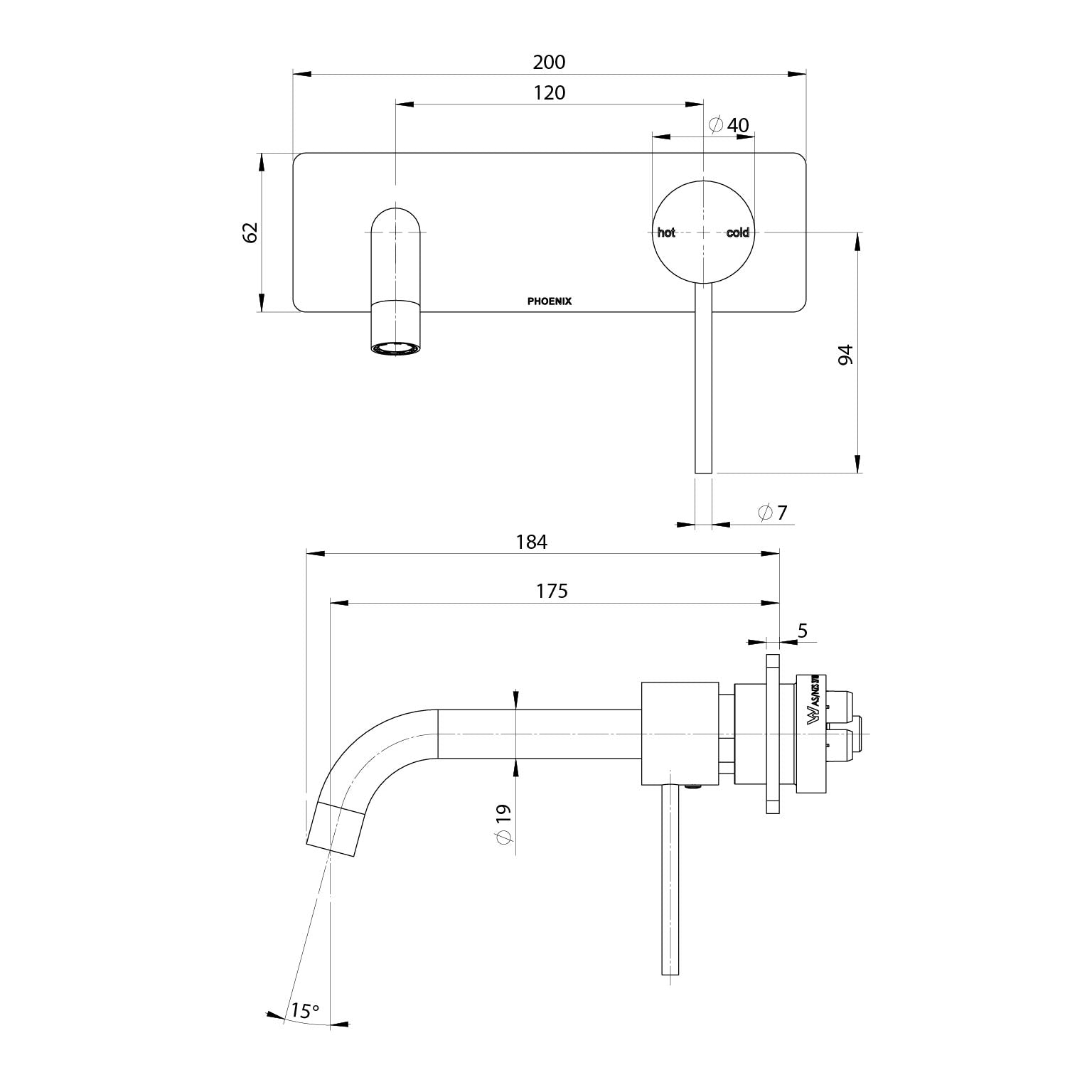 Phoenix Vivid Slimline SwitchMix Wall Basin / Bath Mixer Set 180mm Fit-Off Kit Lead Free VS2812-1